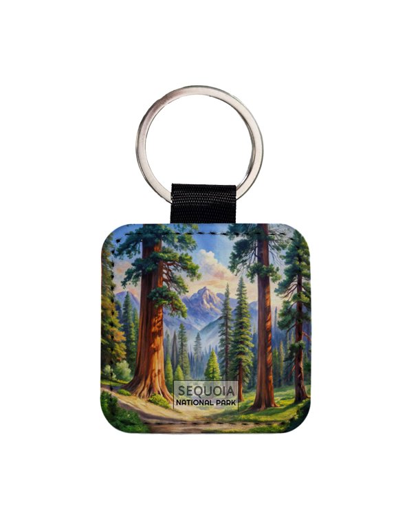 Sequoia National Park California Watercolor Faux Leather Square Keychain