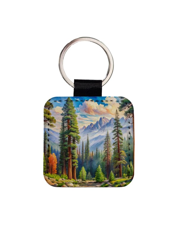 Sequoia National Park California Watercolor Style Faux Leather Square Keychain