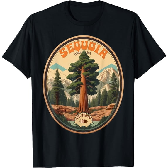 Sequoia National Park Tree Illustration Hiking Retro Badge Unisex T-Shirt for Men Women Kids Toddler,Black Color,Size M