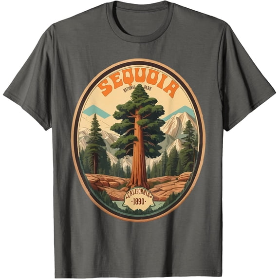 Sequoia National Park Tree Illustration Hiking Retro Badge Unisex T-Shirt for Men Women Kids Toddler,Charcoal Color,Size 2XL