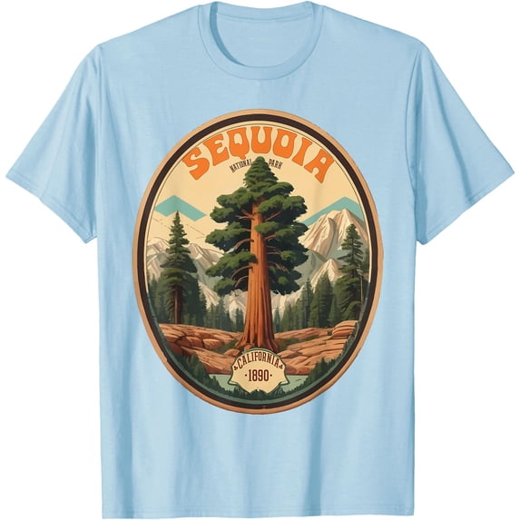Sequoia National Park Tree Illustration Hiking Retro Badge Unisex T-Shirt for Men Women Kids Toddler,Light Blue Color,Size YXL