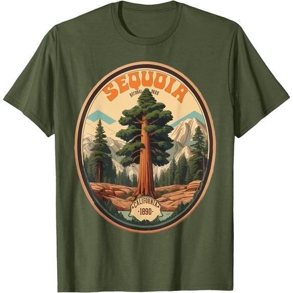 Sequoia National Park Tree Illustration Hiking Retro Badge Unisex T-Shirt for Men Women Kids Toddler,Military Green Color,Size YXS