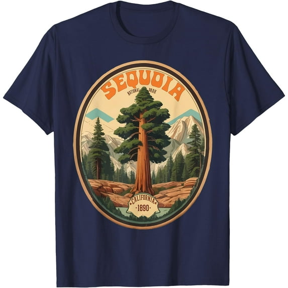 Sequoia National Park Tree Illustration Hiking Retro Badge Unisex T-Shirt for Men Women Kids Toddler,Navy Color,Size YXL