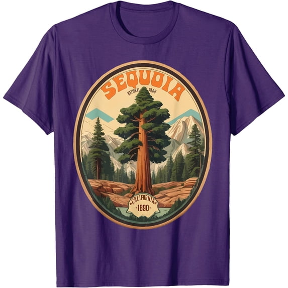 Sequoia National Park Tree Illustration Hiking Retro Badge Unisex T-Shirt for Men Women Kids Toddler,Purple Color,Size YL