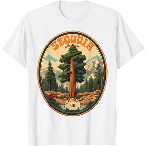 Sequoia National Park Tree Illustration Hiking Retro Badge Unisex T-Shirt for Men Women Kids Toddler,White Color,Size M