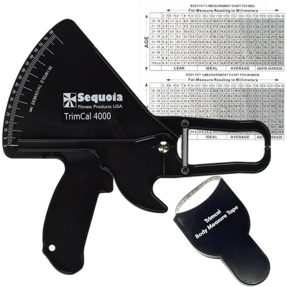 Sequoia Trimcal 4000 Body Fat Caliper with Tape Measure - Precision (Dual-Sided Design) for Fitness Tracking - Color Black & Black
