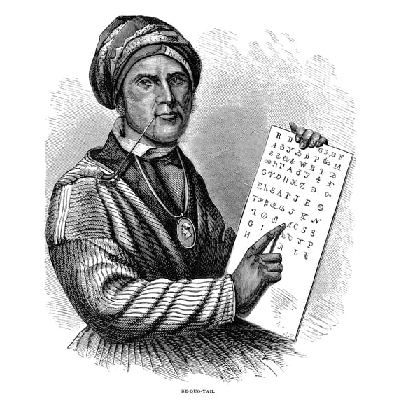 Sequoya. Nnative American Scholar With His Printed Cherokee Alphabet. Wood Engraving American 1870. Print