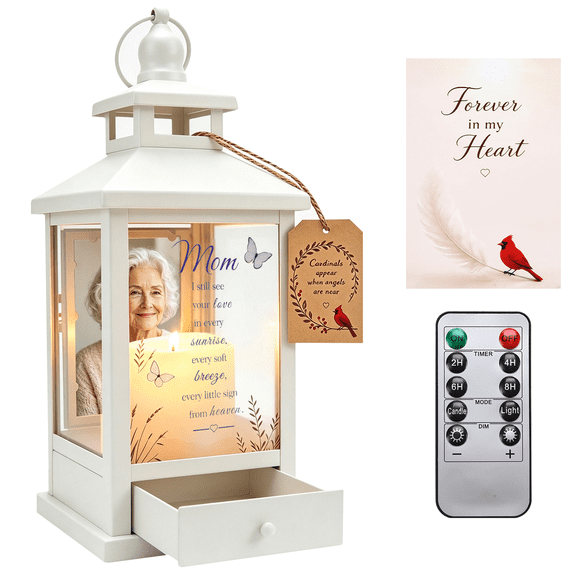 SerPro 14" Memorial Lantern - Sympathy Gifts for Loss of Loved One with Remote Control LED Candle, Bereavement Gifts for Mom, Home Memorial Decor & Funeral Keepsake - White