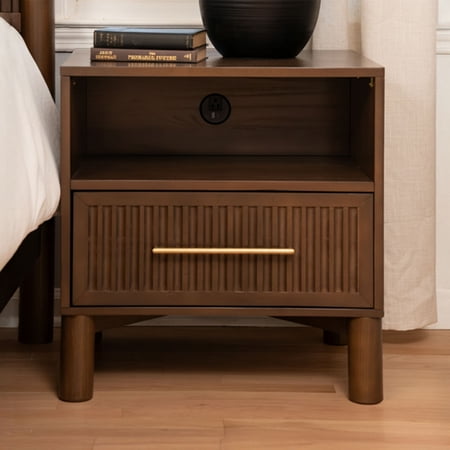 Sera Fluted Cubby Nightstand with 1 Drawer, Electrical Outlet and Brass Handle, Walnut