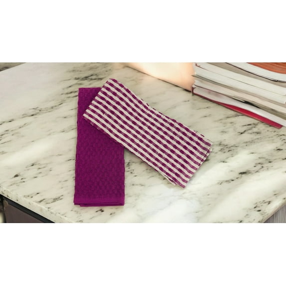 Serafina Home 100% Cotton Waffle Weave Purple Kitchen Dish Cloths, Set Of 2 16" x 26"