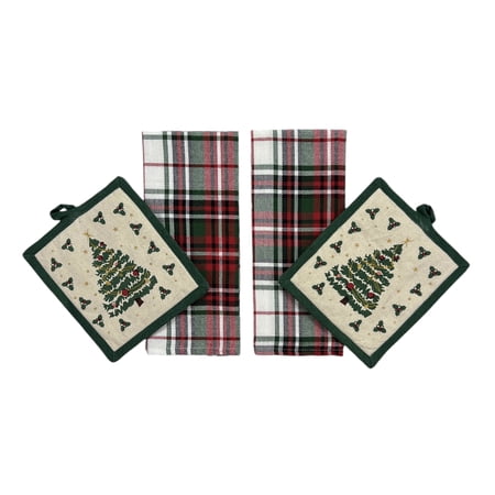 Serafina Home 4-Piece Classic Christmas Tree Kitchen Towel and Pot Holder Set, Traditional Cotton