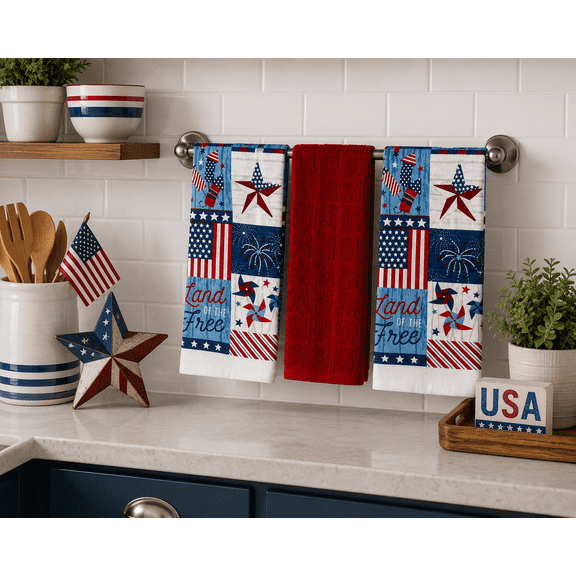 Serafina Home America Land Of The Free Kitchen Dish Towels: USA Patriotic, Red and White, Set of 3