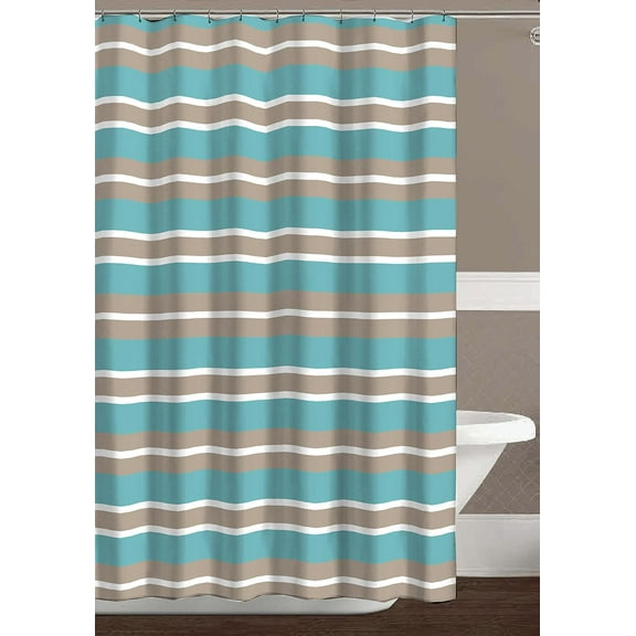 Serafina Home Aqua Blue Tan White Canvas Fabric Shower Curtain Striped Design 70 x 72 Inch