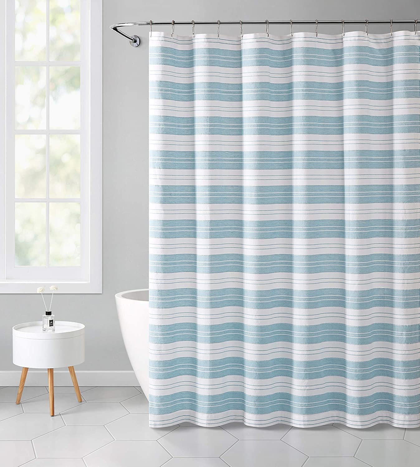 Serafina Home Aqua Blue White Fabric Shower Curtain: Cotton Rich Striped with Detailed Decorative Weave