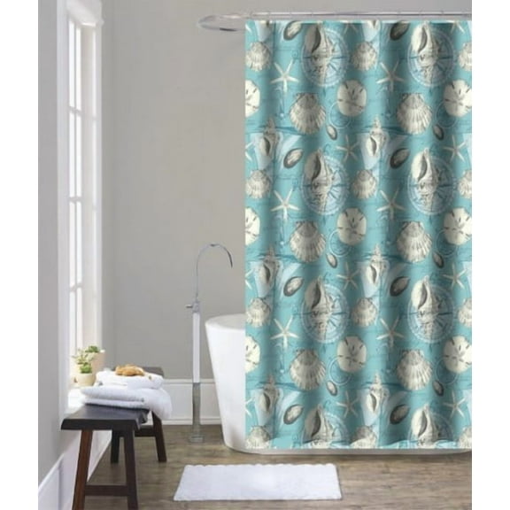Serafina Home Aqua Light Blue Green Nautical Ocean Themed Canvas Shower Curtain With Matching Peva Shower Liner And Roller Hooks 70" x 72"