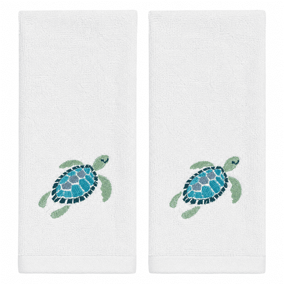 Serafina Home Turtle Bath Fingertip Towels: Summer Nautical Soft Absorbent Guest Sea Turtle Decor: Aqua Blue Turquoise Embroidery Design, 2 Piece 12" x 18" Inches