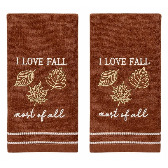 Serafina Home Autumn Fall Bath Fingertip Towels Bathroom Decor Farmhouse Harvest: Rust Dark Orange 100% Cotton Embroidered I Love Fall Most of All Delicately Etched Leaves Stitched Border, 12" x 18"