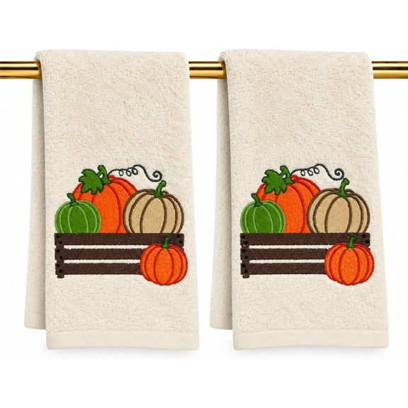 Serafina Home Autumn Fall Bath Fingertip Towels, Ivory Cream Off White, 100% Cotton, Embroidered Pumpkin Picking Design, Stitched Border, 2 Piece Set