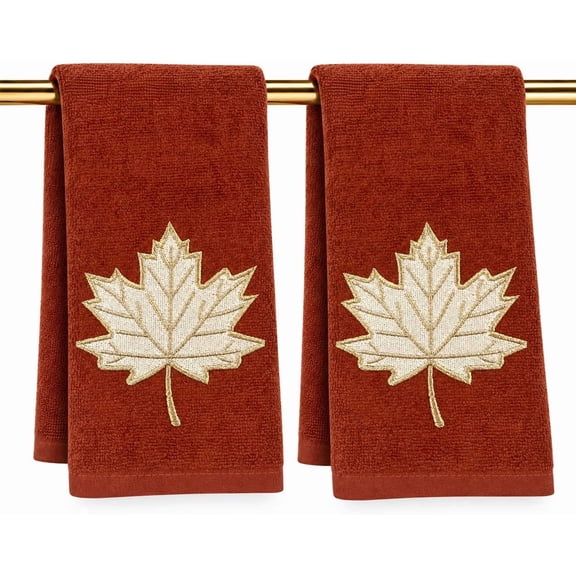 Serafina Home Autumn Fall Bath Guest Fingertip Towels Bathroom Decor: Plush Soft Beige 100% Cotton Terry Velour Embroidered Maple Leaf Design, Set of Two, 12" x 18" inches