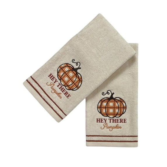 Serafina Home Autumn Fall Bath Hand Towels Bathroom Decor Farmhouse Harvest: Ivory Cream Off White 100% Cotton Towels with Embroidered Hey There Pumpkin Design, Hemmed Border, 2 Piece Set