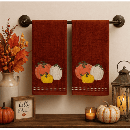Serafina Home Autumn Fall Bath Hand Towels Bathroom Decor Farmhouse Harvest: Rust Dark Orange 100% Cotton Towels with Embroidered Pumpkins with Stitched Border, 2 Piece Set