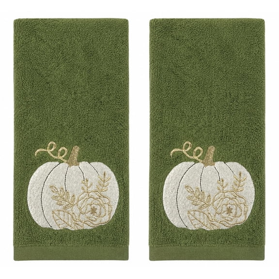Serafina Home Autumn Fall Bathroom Fingertip Towels- Set of 2 100% Cotton Forest Dark Green Embroidered Floral Pumpkin Design- 12" x 18" Festive Bath & Kitchen Decor