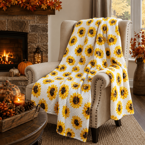 Serafina Home Autumn Serafina Home Fall Fleece Throw Blanket: Beautiful Soft Yellow Brown White Sunflowers on a Dotted Background, Dimensions 50" x 60"