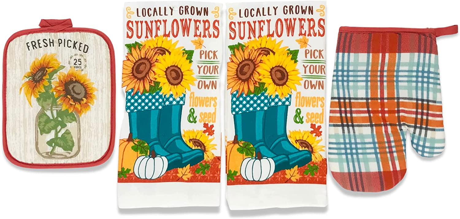 Serafina Home Autumn Sunflowers and Pumpkins Kitchen Towels and Pot Holder Set Locally Grown Pick Your Own Flowers and Seeds with Cute Garden Boots Be Thankful Walmart