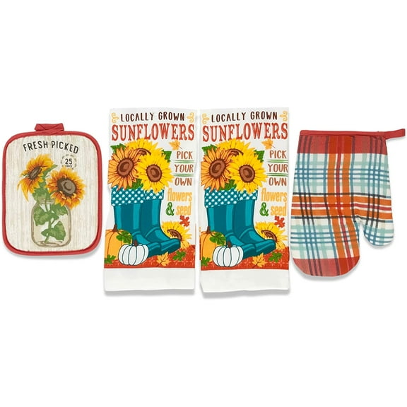 Serafina Home Autumn Sunflowers and Pumpkins Kitchen Towels and Pot Holder Set: Locally Grown Pick Your Own Flowers and Seeds with Cute Garden Boots (Be Thankful)