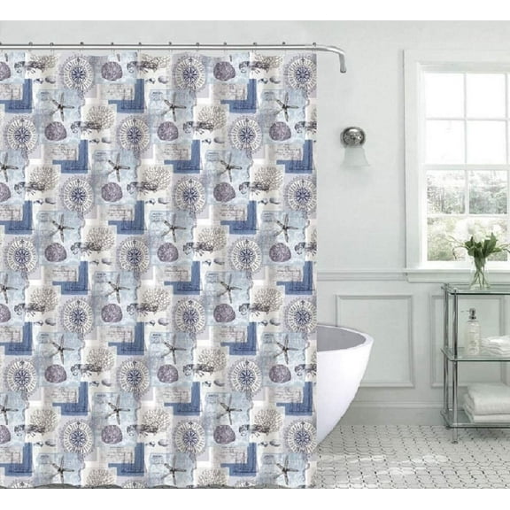 Serafina Home Bath Collection Canvas Shower Curtain, Metal Roller Hooks: Modern Decorative and Ocean Sea Shells Design