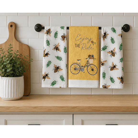 Serafina Home Bee Kitchen Towels Set: Honey Bees and Green Leaf Print on Flat Weave Cotton with Easy Hang Fabric Loops