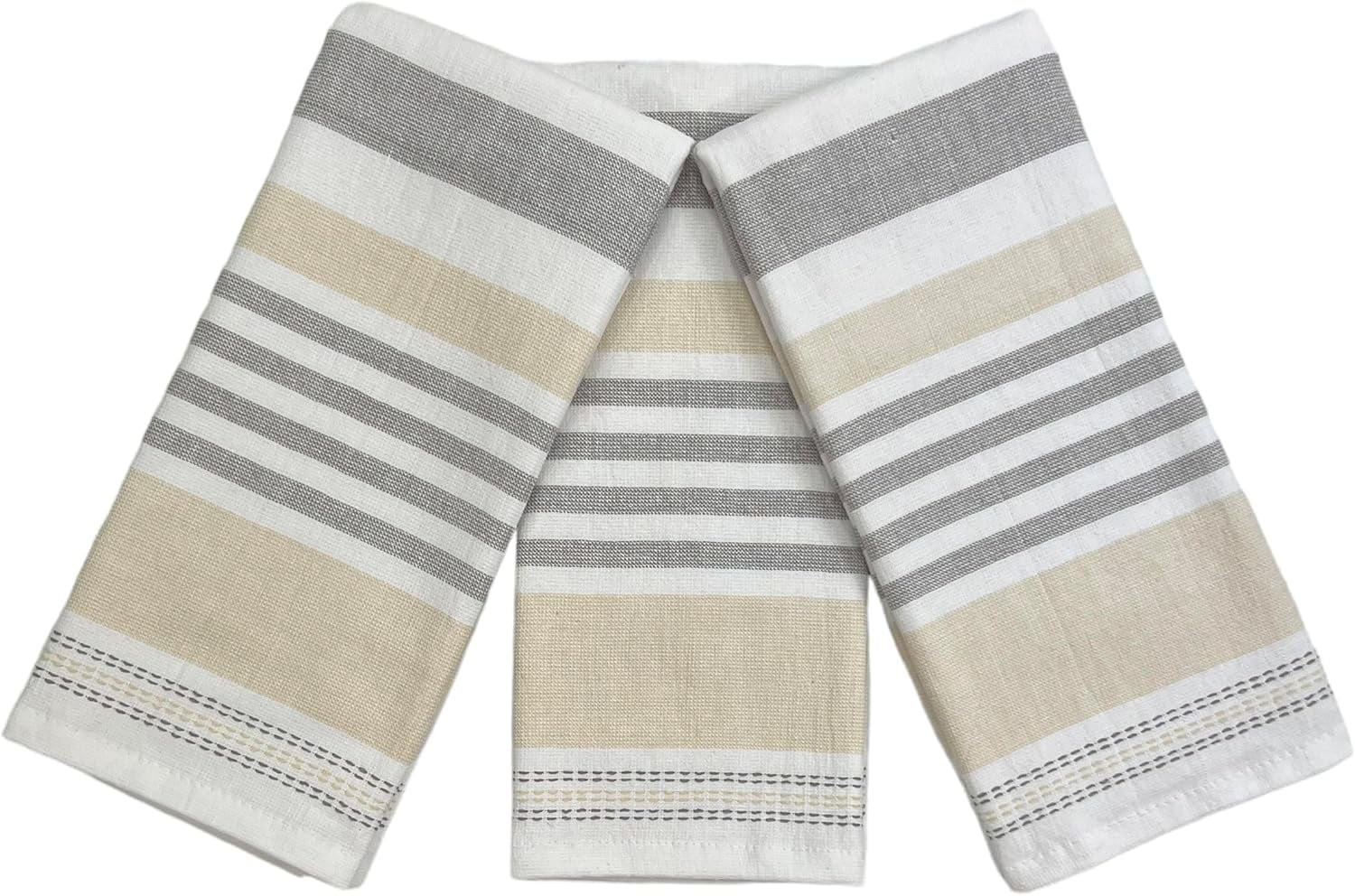 Beige and White Striped Cotton Kitchen Towels Set of 3