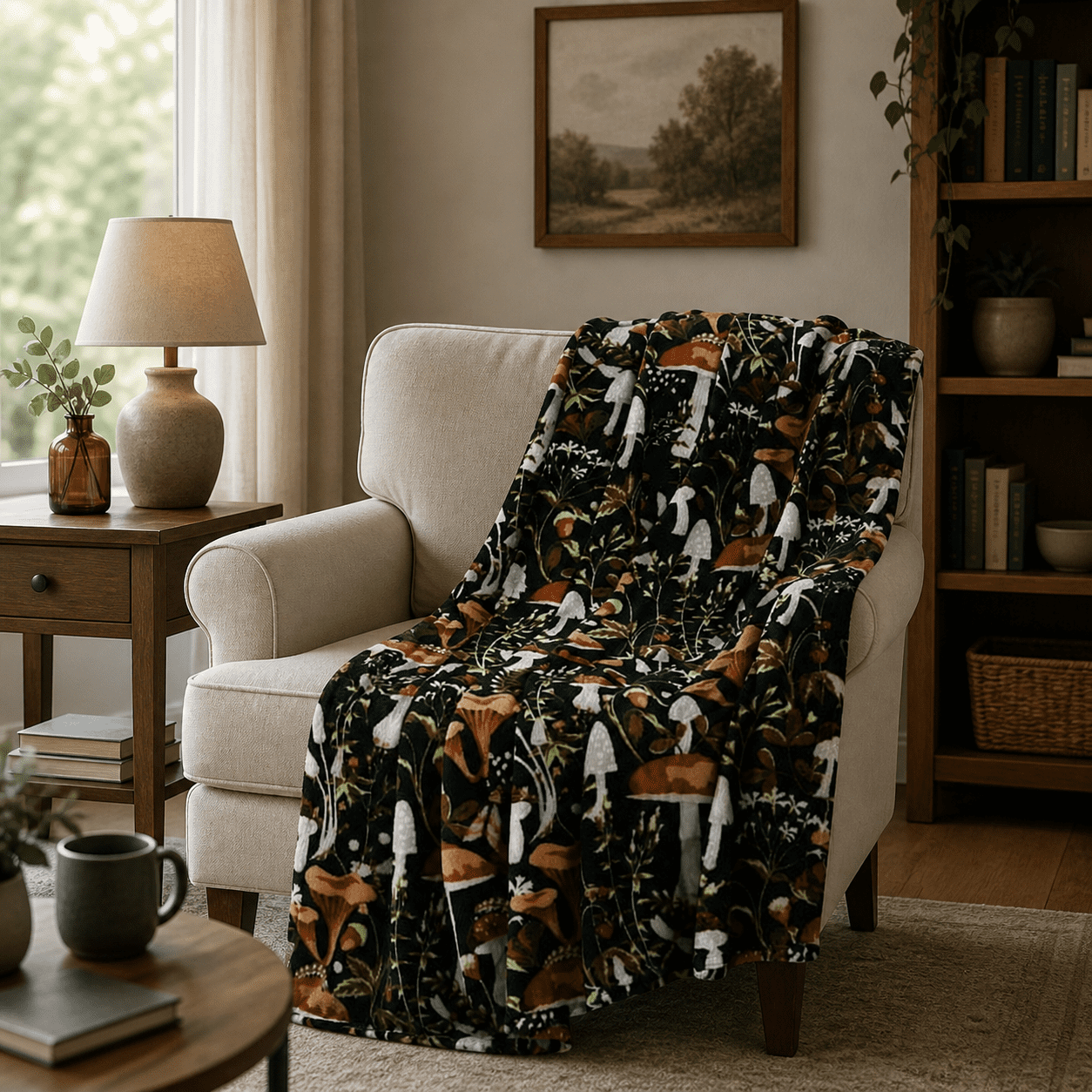 Serafina Home Decor Fleece Fall Throw Blanket: Floral Mushroom Forest Black Brown Beige And White Oversized Blanket 50" x 70"