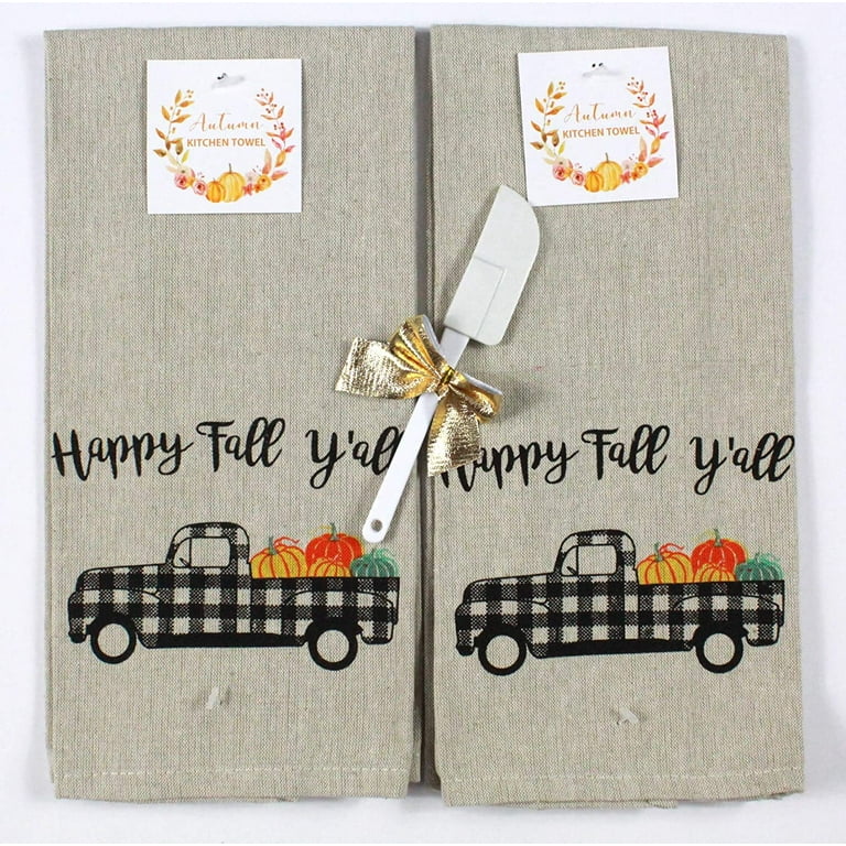 Serafina Home Black White Checkered Country Fun Kitchen Dish Towels:  Vintage Truck with Pumpkins on Linen Taupe Background, Happy Fall Y'All