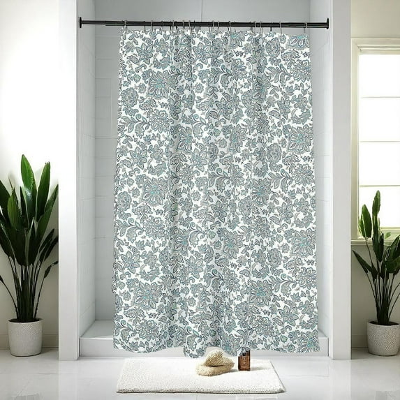 Serafina Home Blue Green White Fabric Shower Curtain for Bathroom: Floral Design, 70" x 72"