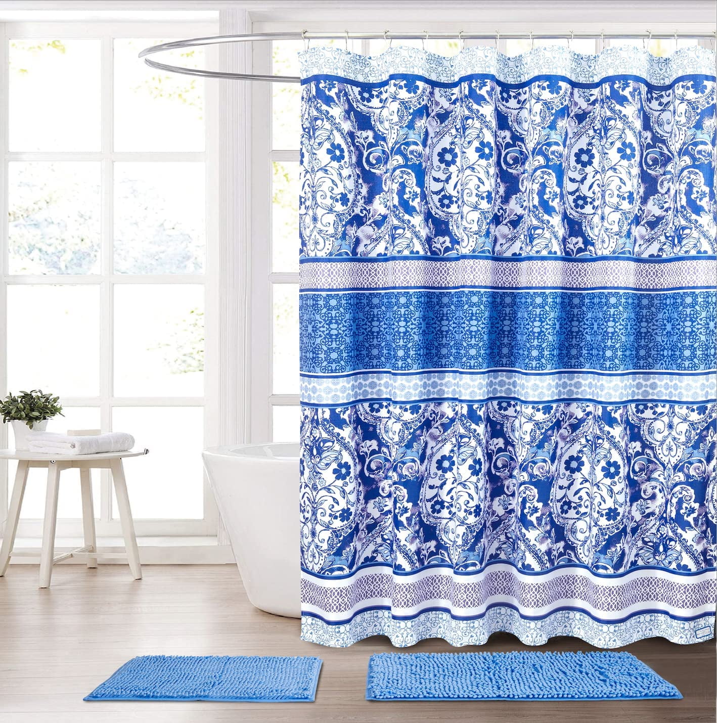 Serafina Home Blue Purple Boho Fabric Shower Curtain: Floral Damask with Geometric Border Design, 70" x 72" inch (Queensland)
