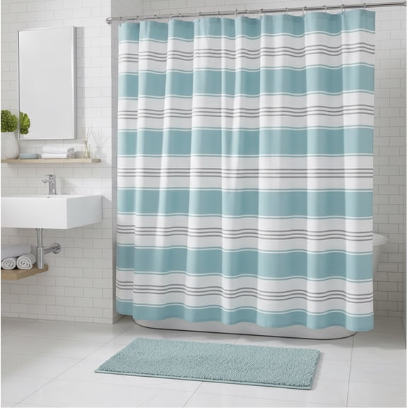 Serafina Home Blue, White And Grey Fabric Shower Curtain: Contemporary Alternating Wide and Thin Stripe Design (Turquoise Aqua)
