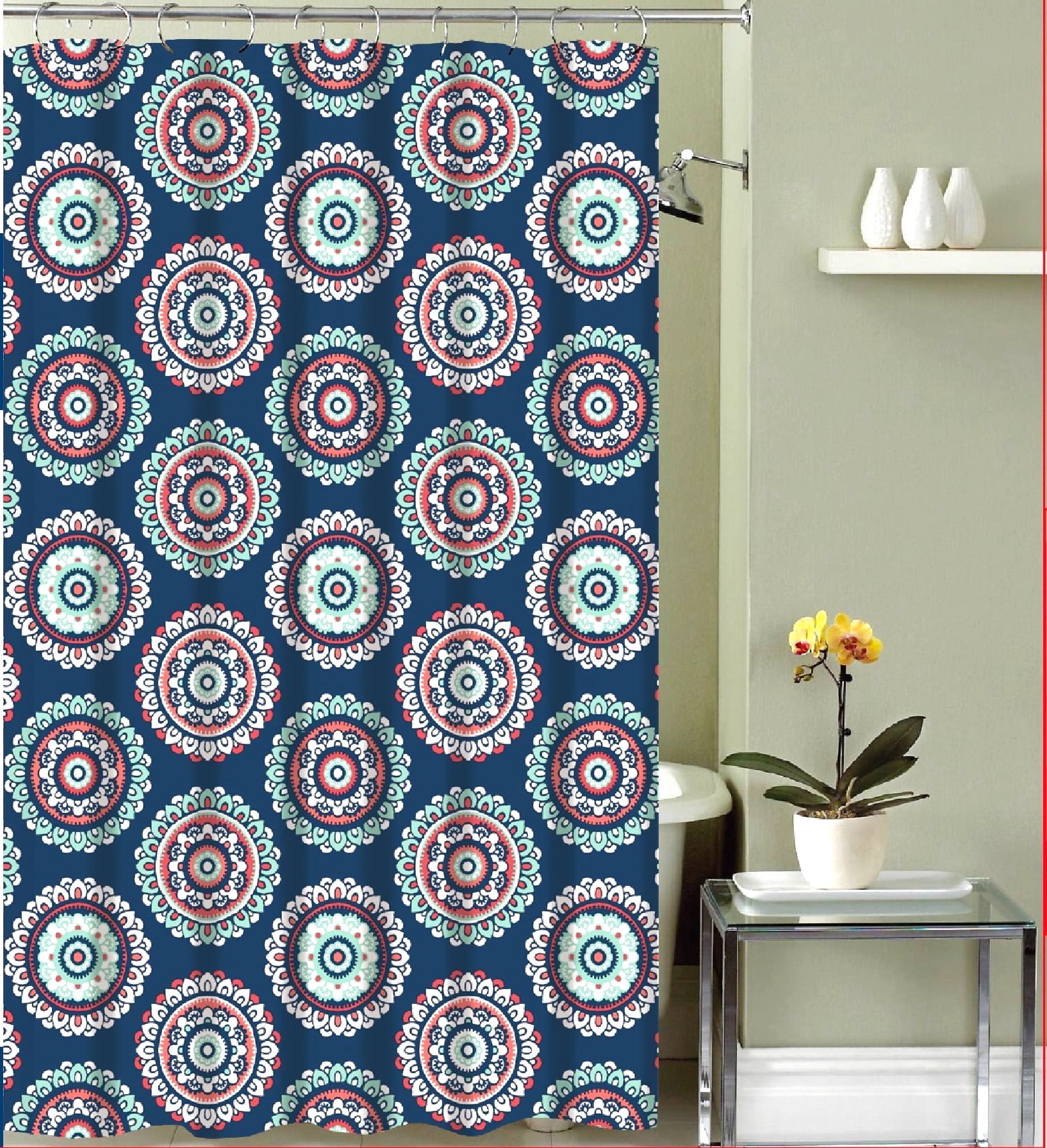 Serafina Home Bohemian Navy Blue Fabric Shower Curtain: Colorful Ornate