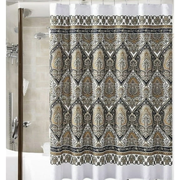Serafina Home Bohemian Style Fabric Shower Curtain for Bathroom Kaleidoscope Design in Gold black Brown White 72IN x72 INBlack and Gold