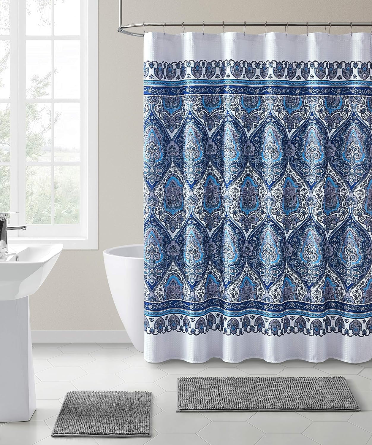 HUDSON & ESSEX Serafina Home Bohemian Style Fabric Shower Curtain for Bathroom Kaleidoscope Design in Navy Teal Aqua Gray White 72IN x72 INNavy