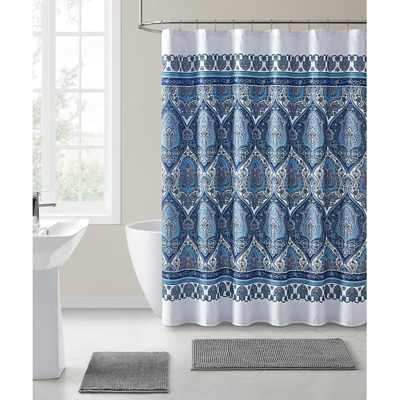 Serafina Home Bohemian Style Fabric Shower Curtain for Bathroom Kaleidoscope Design in Navy Teal Aqua Gray White 72IN x72 INNavy