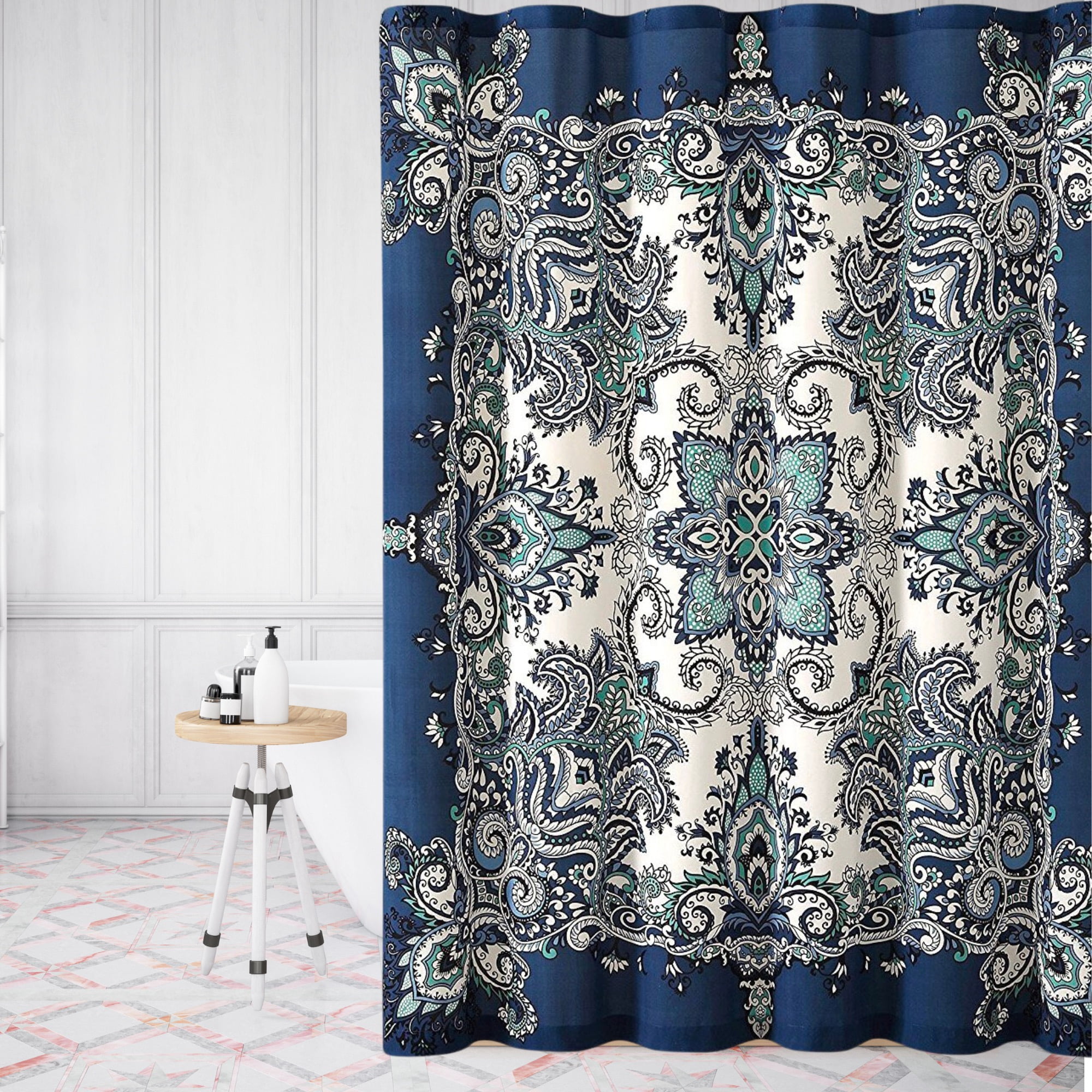 Serafina Home Boho Shower Curtain: Fabric Bohemian Navy Teal White