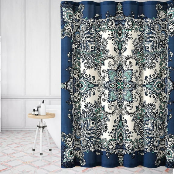 Serafina Home Boho Shower Curtain: Fabric Bohemian Navy Teal White Mandala Floral Design