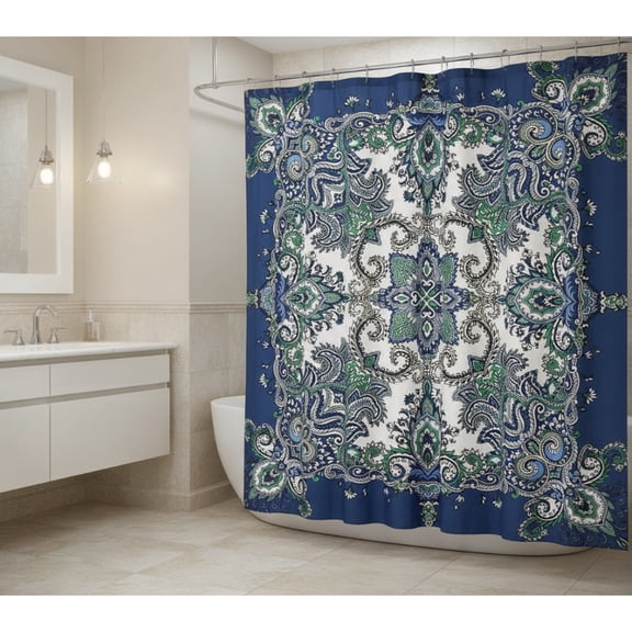 Serafina Home Boho Shower Curtain: Fabric Bohemian Navy Teal White Mandala Floral Design
