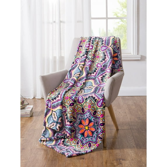 Serafina Home Boho Velvet Fleece Throw Blanket: Soft Plush Bright Decorative Paisley Patterned Accent for Couch or Bed, Colored: Teal Hot Pink Purple Yellow Black