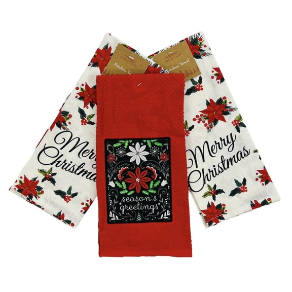 Serafina Home Christmas And Holiday Poinsettia Kitchen Towels, 3 Piece Set