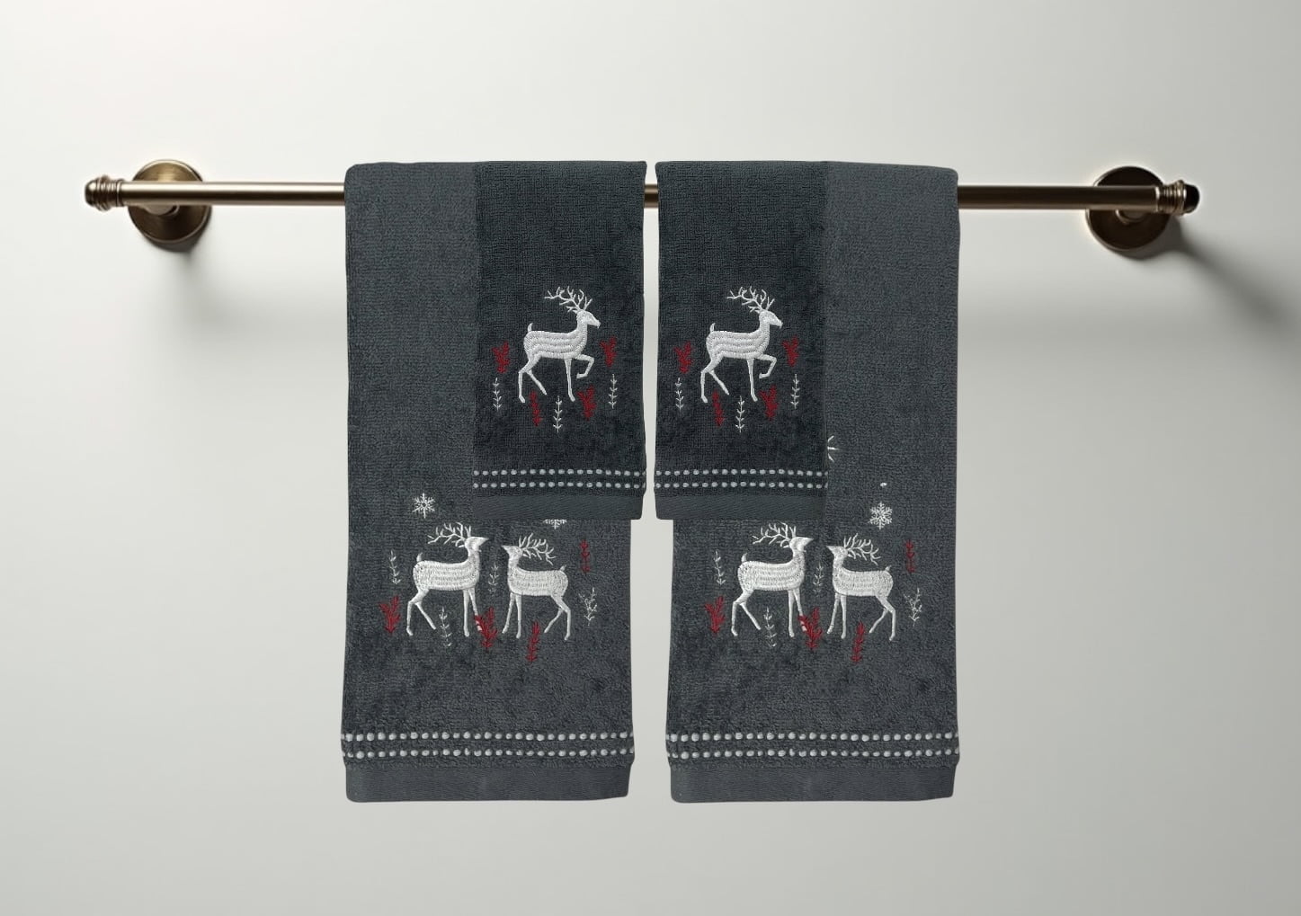 Serafina Home Christmas Bathroom 4 pc Set, 2 fingertip (12" x 18"), 2 Hand Towels (16" x 25) Noble Buck Deer Embroidered on Dark Grey Cotton Towels