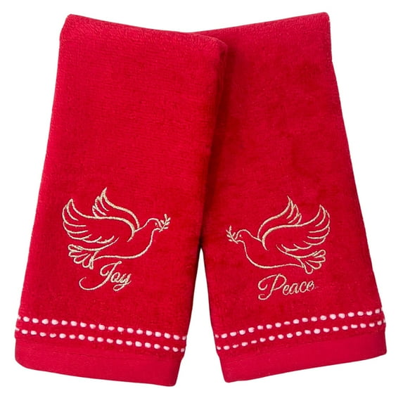 Serafina Home Christmas Bathroom Fingertip Towels – Set of 2 Red 100% Cotton Embroidered Dove in Flight with Olive Branch & Joy Design – 18 x 12 Festive Bath and Kitchen Holiday Decor