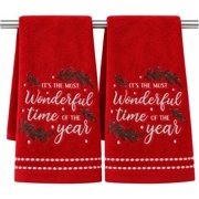 Serafina Home Christmas Bathroom Hand Towels- Set of 2 100% Cotton Red Embroidered Its The Most Wonderful Time of The Year- 16 x 25 Bath & Kitchen Decor