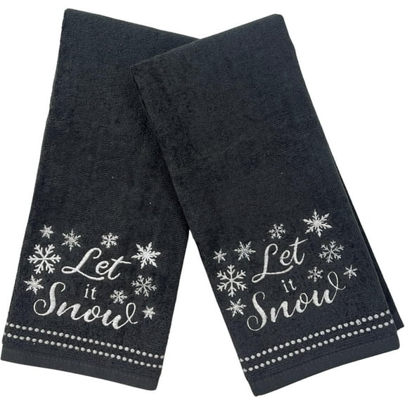 Serafina Home Christmas Bathroom Hand Towels Set of 2 Dark Gray 100% Cotton Embroidered Let It Snow Snowflakes Design 16 x 25 Decorative Bath & Kitchen Towels